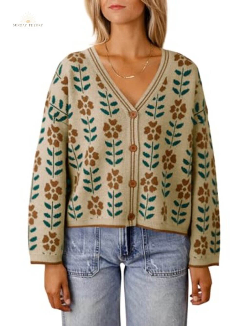 Womens Floral Print V Neck Cardigan Open Front Button Down Knit Sweater Loose